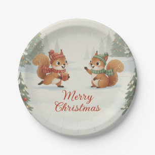 Playful Squirrels in Christmas Winter Forest Paper Plate