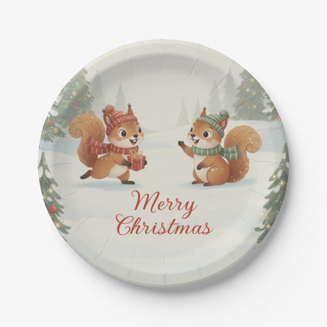 Playful Squirrels in Christmas Winter Forest Paper Plate (Front)