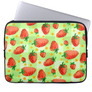 Playful Strawberries and Daisies Watercolor Plaid Laptop Sleeve