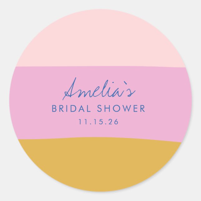 Playful Stripes Blue Yellow Custom Bridal Shower Classic Round Sticker (Front)