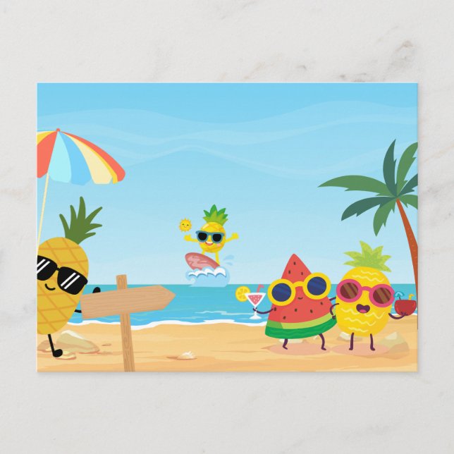 Playful summer beach funny cartoon fruit  postcard (Front)
