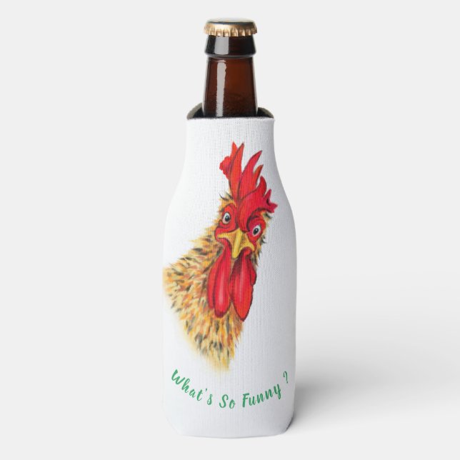 Playful Surprised Curious Rooster Bottle Cooler (Bottle Front)