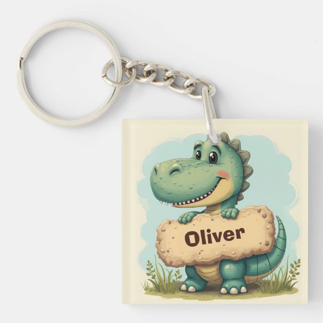  Playful T-Rex with Stone Name Sign Key Ring (Front)