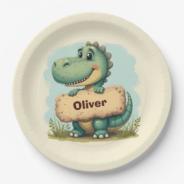  Playful T-Rex with Stone Name Sign Paper Plate (Front)