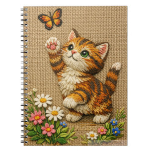 Playful Tabby Kitten with Butterfly Embroidered Notebook