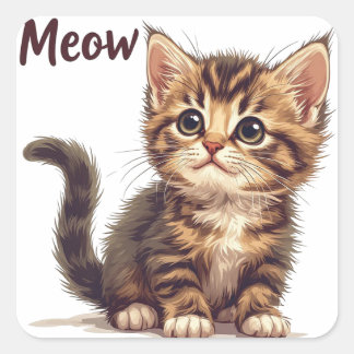 Playful Tabby Kitten With Meow Quote Cat Lover 🐱 Square Sticker