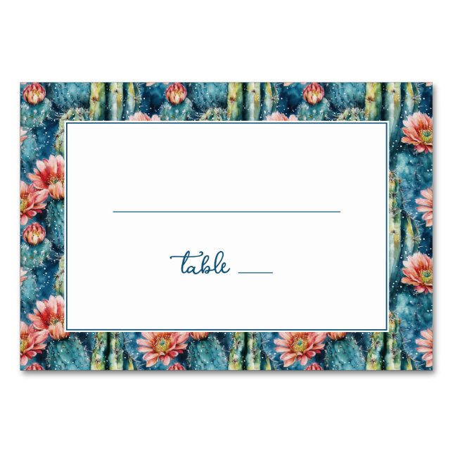 Playful Teal Cactus Flower Border Table Number (Front)