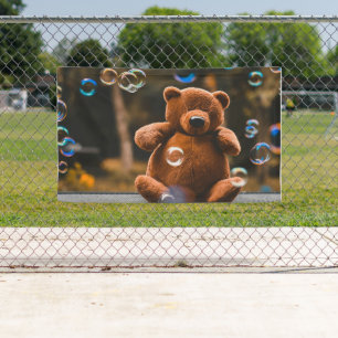 Playful Teddy Bear and Bubbles Outdoor Party Games Banner