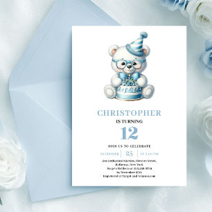 Playful teddy bear balloons blue boy birthday  invitation