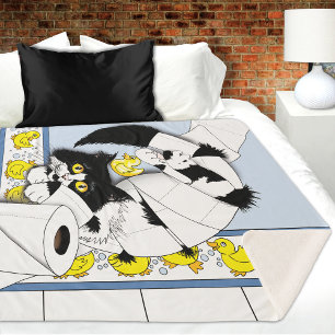 Playful Tuxedo Cat Toilet Paper Chaos Blue Yellow Sherpa Blanket