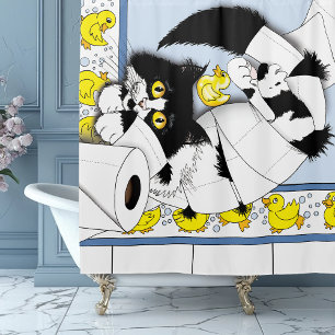 Playful Tuxedo Cat Toilet Paper Chaos Blue Yellow Shower Curtain