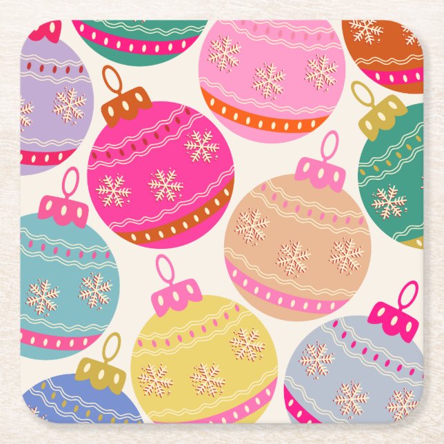 Playful Vintage Christmas Baubles Square Paper Coaster (Front)