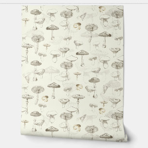 Playful Vintage Forest Beige Mushroom Pattern Wallpaper