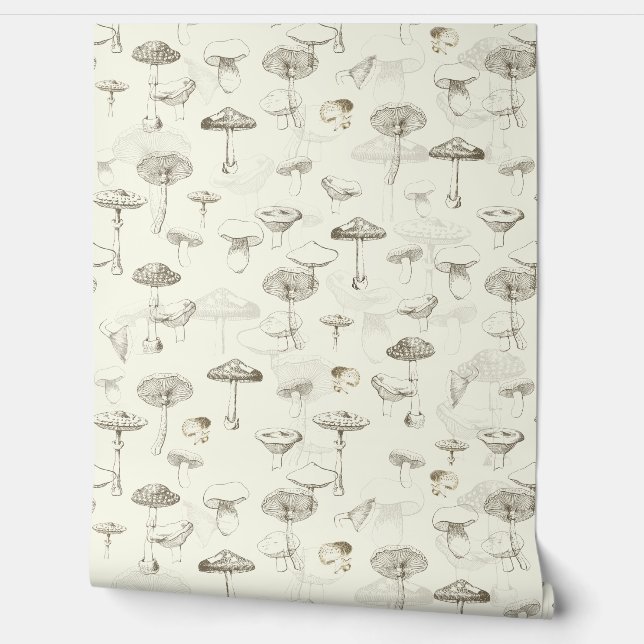 Playful Vintage Forest Beige Mushroom Pattern Wallpaper (Unrolling)