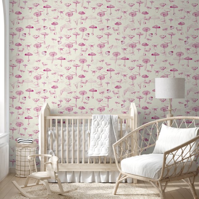 Playful Vintage Forest Pink Mushroom Pattern Wallpaper (Kids)