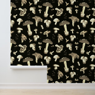 Playful Vintage Mushrooms Beige Dark Background Wallpaper