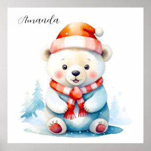 Playful Watercolor Christmas Polar Bear Poster