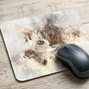 Playful Watercolor Kitten with Bright Amber Eyes Mouse Pad
