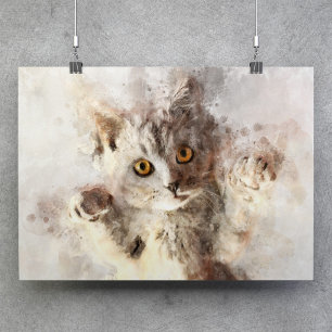 Playful Watercolor Kitten with Bright Amber Eyes Poster