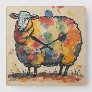 Playful Watercolor Sheep Painting Square Wall Clock