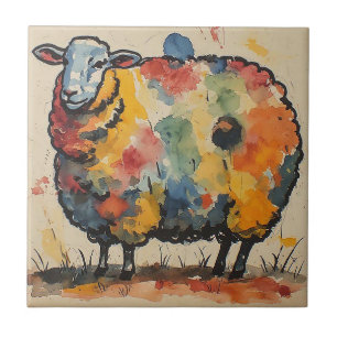Playful Watercolor Sheep Painting Tile