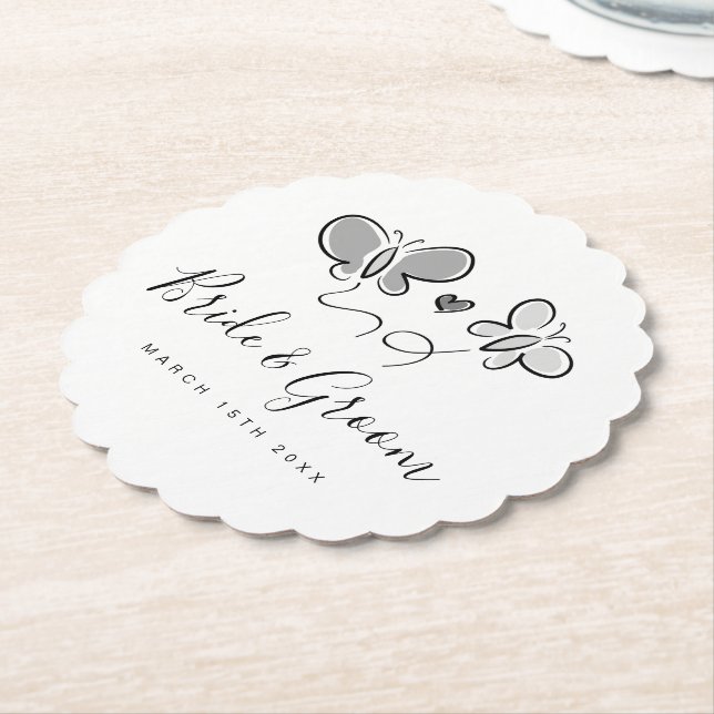 Playful wedding coasters with cute butterfly print (Angled)