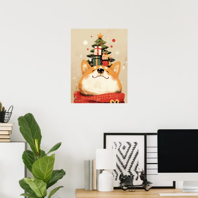 Playful Welsh Corgi with Christmas Decorations (Home Office)