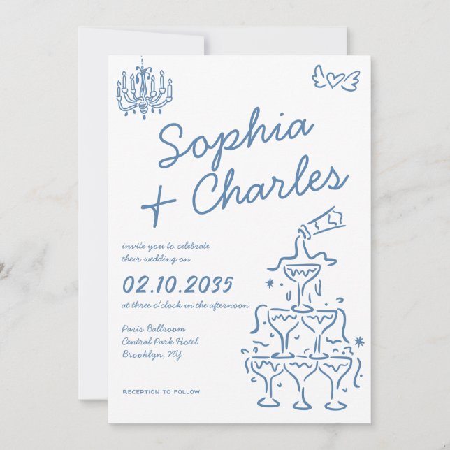 Playful Whimsical Hand Drawn Illustration Wedding Invitation (Front)