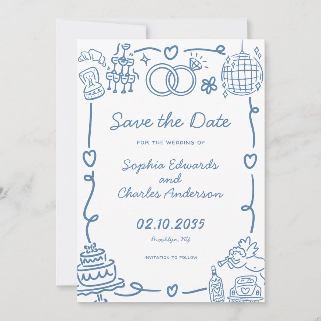 Playful Whimsical Hand Drawn Illustration Wedding Save The Date (Front)