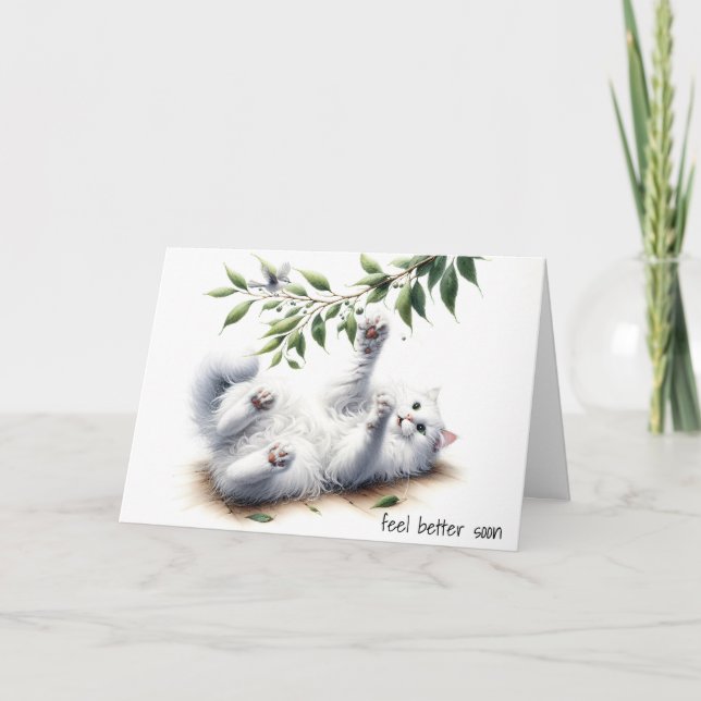 Playful White Cat Get Well Card (Front)
