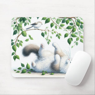 Playful White Cat With Bird In Tree Mouse Pad