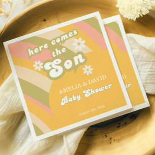 Playful Yellow Retro Boy Shower Daisy Party Napkin