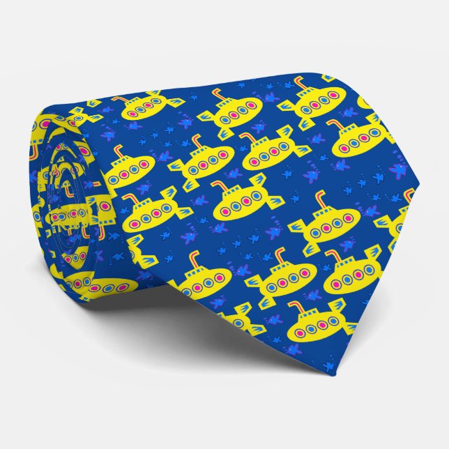 Playful Yellow Submarines Navy Blue Tie (Rolled)