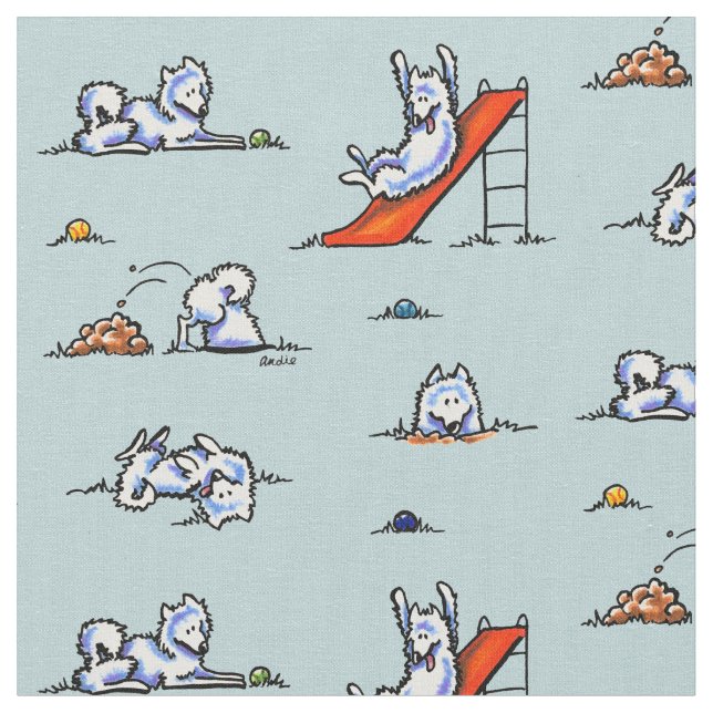 Playground Samoyeds Touch of Teal Fabric (Close Up)