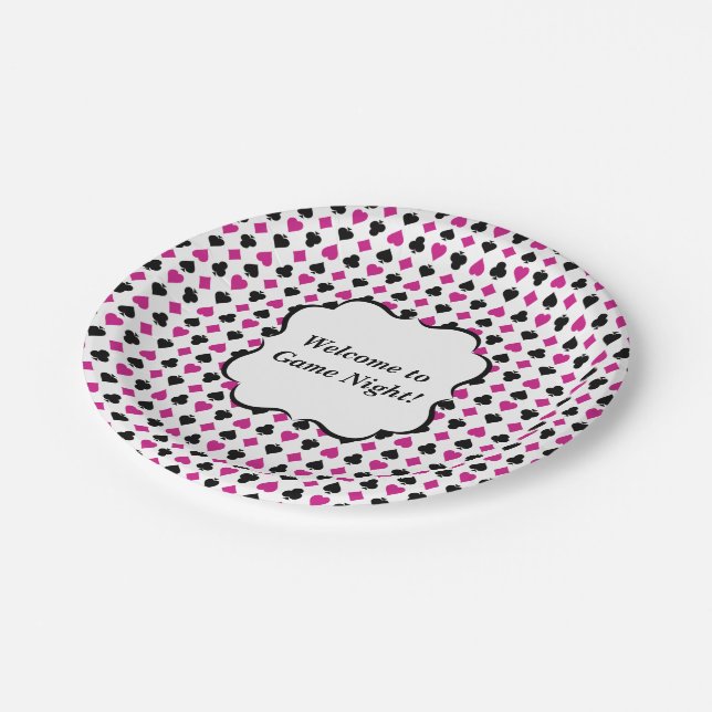 Playing Card Suits Pink and Black Paper Plate (Angled)