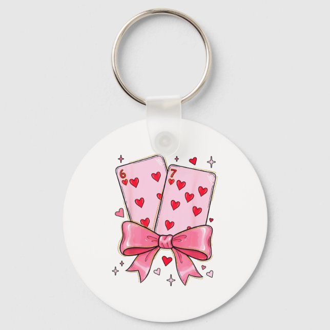 Playing Cards 6 7 Of Hearts 67 Six Seven Meme Bow  Key Ring (Front)