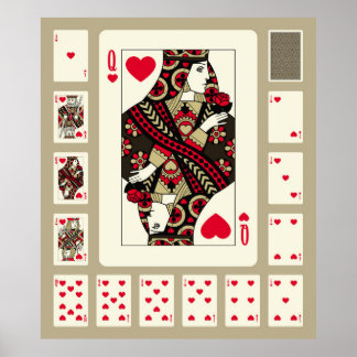 Playing cards of Hearts suit in vintage style. Ori Poster