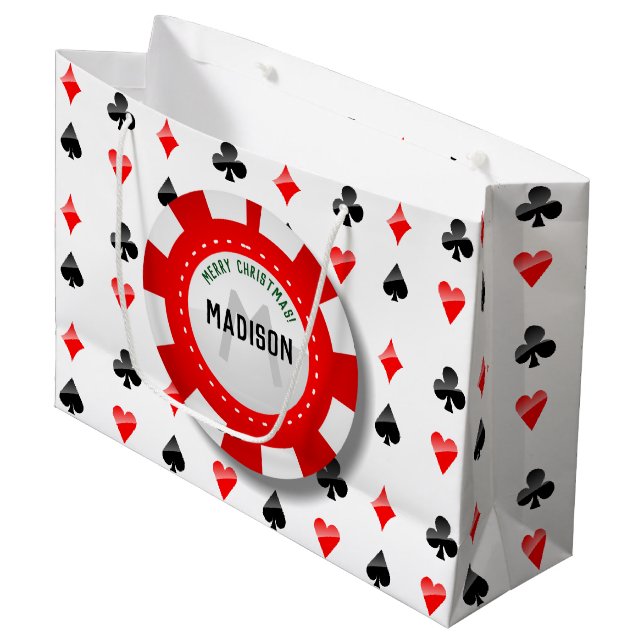 Playing Cards Suits With Monogrammed Poker Chip Large Gift Bag (Front Angled)