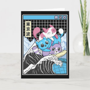 Playing Cats Surfing Kanagawa Wave Kawaii Anime Va Card