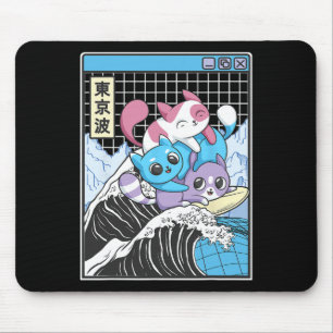 Playing Cats Surfing Kanagawa Wave Kawaii Anime Va Mouse Pad