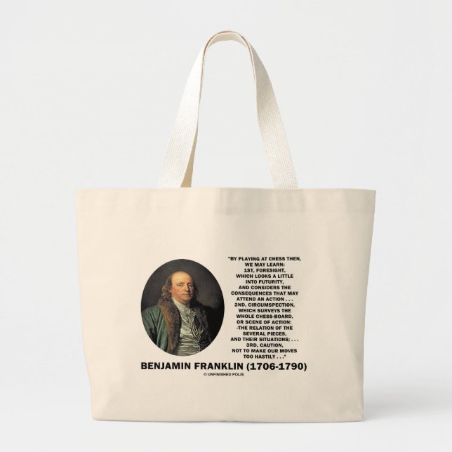 Playing Chess Caution Benjamin Franklin Quote Large Tote Bag (Front)