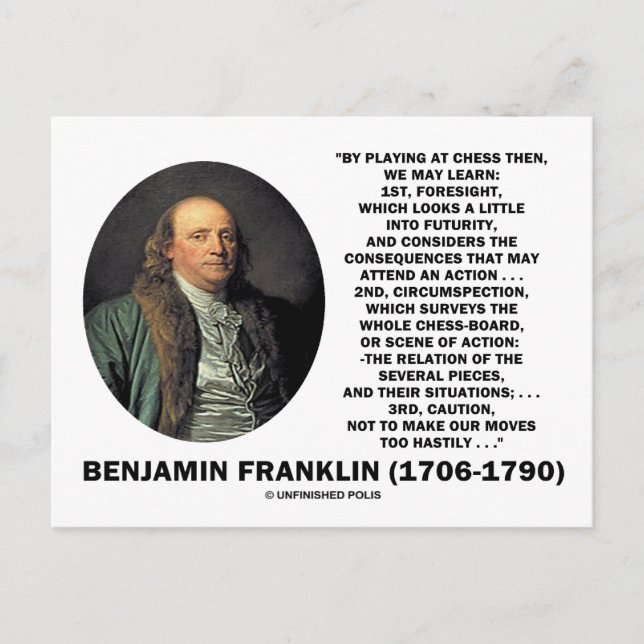 Playing Chess Caution Benjamin Franklin Quote Postcard (Front)