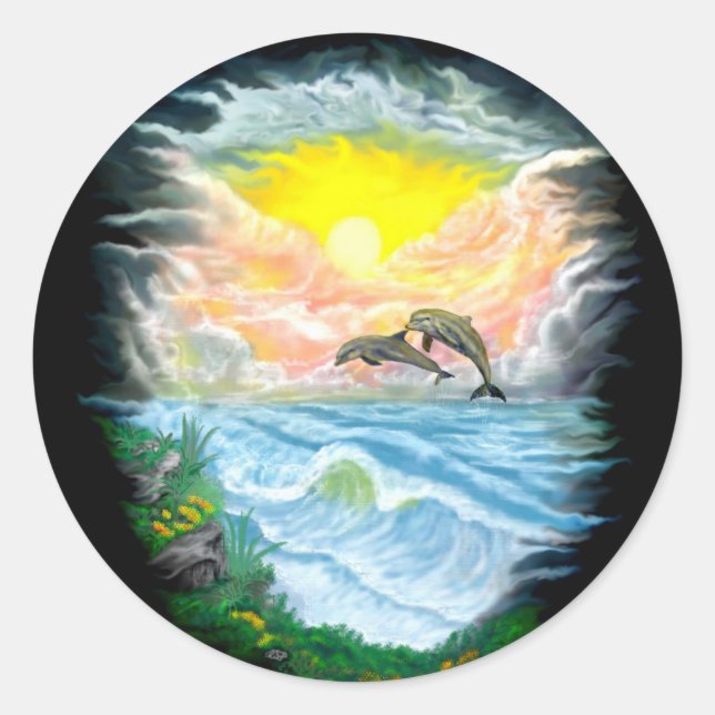 Playing Dolphins in the Sunshine Classic Round Sticker (Front)