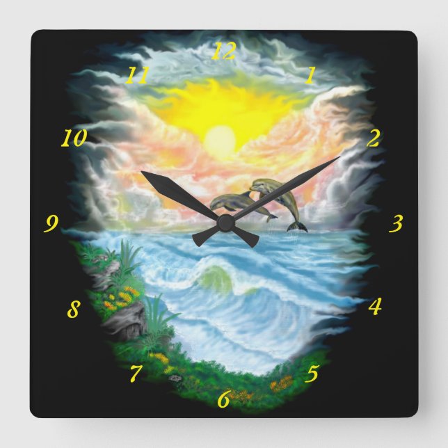 Playing Dolphins in the Sunshine Square Wall Clock (Front)