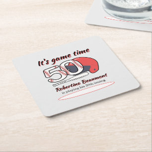 Playing His 50th Inning Baseball Birthday Party Square Paper Coaster