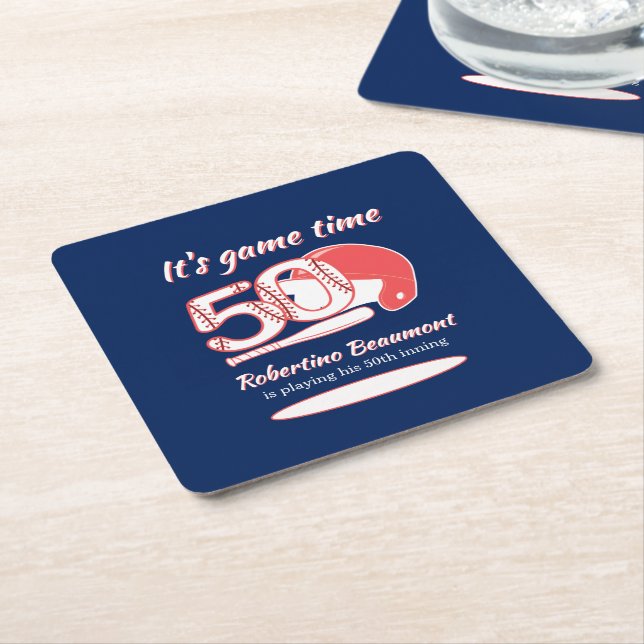 Playing His 50th Inning Baseball Birthday Party Square Paper Coaster (Angled)