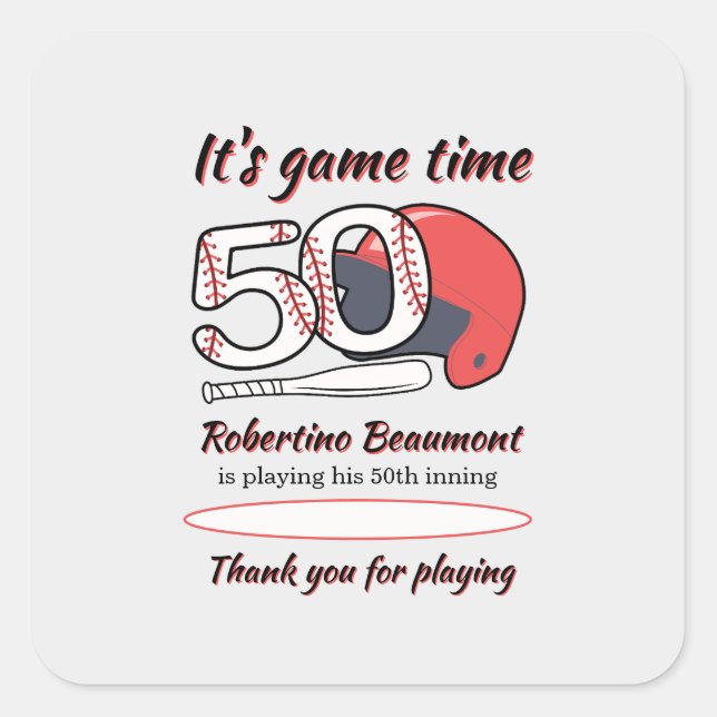 Playing His 50th Inning Baseball Birthday Party Square Sticker (Front)