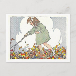 "Playing in the Leaves" Fall/Autumn Illustration Postcard