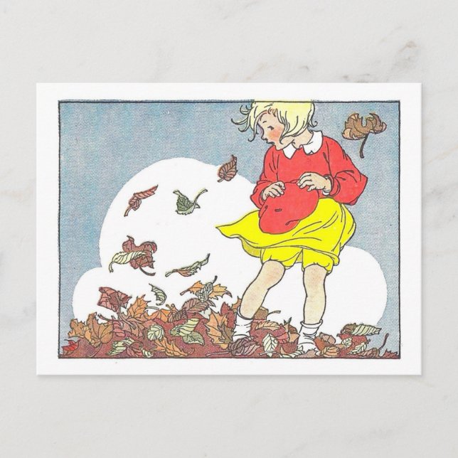 "Playing in the Leaves" Fall/Autumn Illustration Postcard (Front)