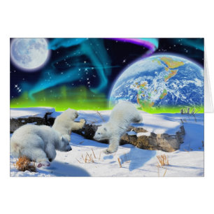 Playing Polar Bear Cubs & Aurora Art Card